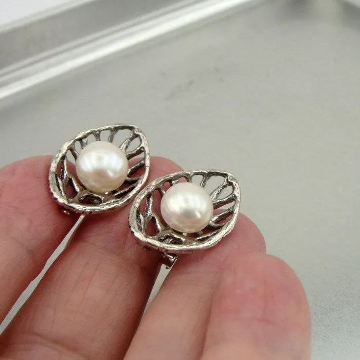 Hadar Designers Handmade Sterling Silver Leaf Real White Pearl Stud Earrings (V