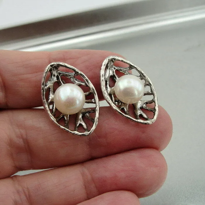 Hadar Designers Handmade Sterling Silver Leaf Real White Pearl Stud Earrings (V