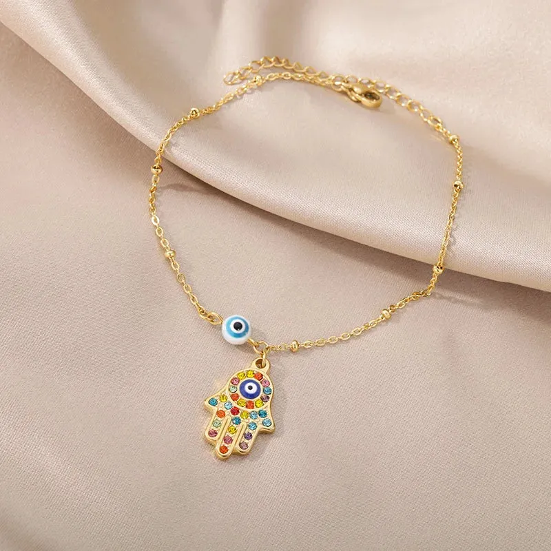 Hamsa Hand Evil Eye Anklets For Women Stainless Steel Adjustable Chain Anklet Bracelet SummerLeg Foot Jewelry Gift
