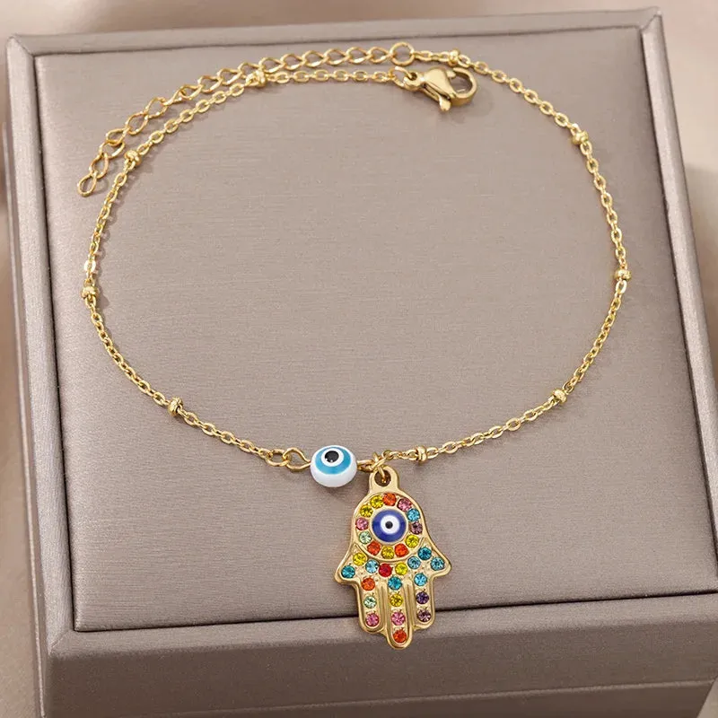 Hamsa Hand Evil Eye Anklets For Women Stainless Steel Adjustable Chain Anklet Bracelet SummerLeg Foot Jewelry Gift