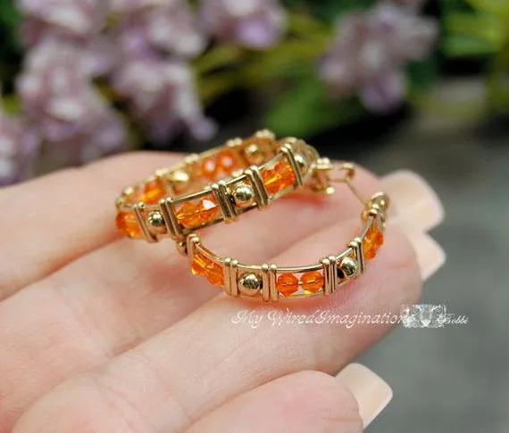 Handmade Crystal Hoop Earrings in Swarovski Sun Orange and 14K GF Wire