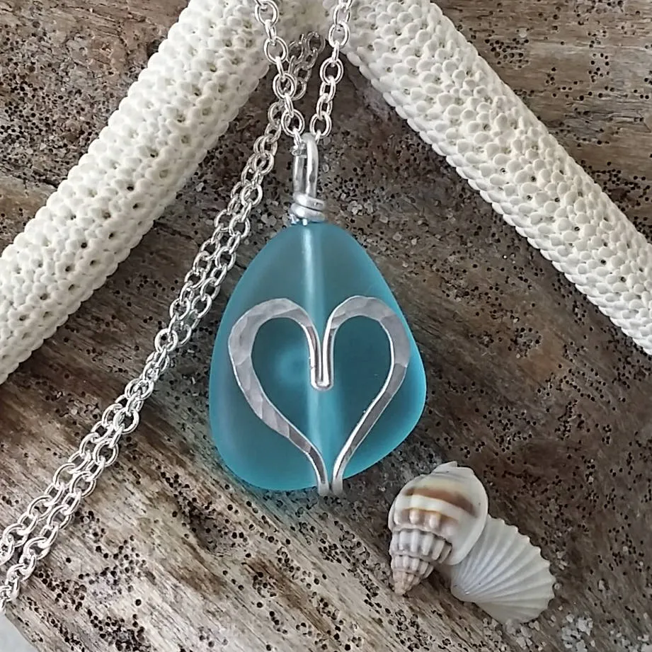 Handmade in Hawaii, Hammered heart blue sea glass beach necklace,   gift box, Sea glass jewelry gift.