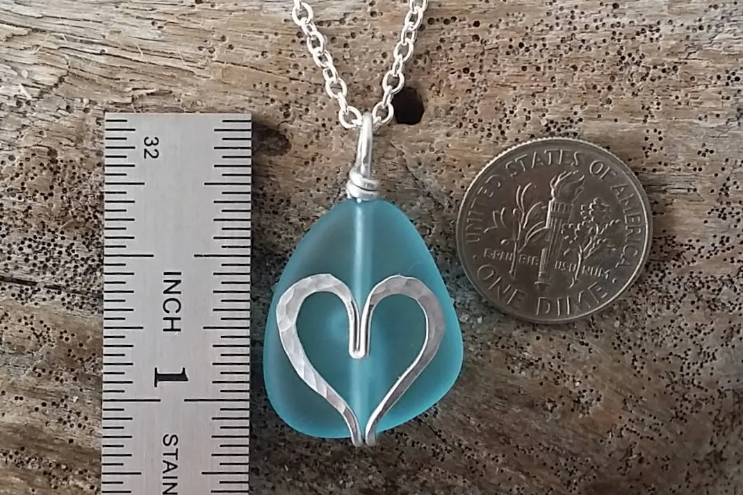 Handmade in Hawaii, Hammered heart blue sea glass beach necklace,   gift box, Sea glass jewelry gift.