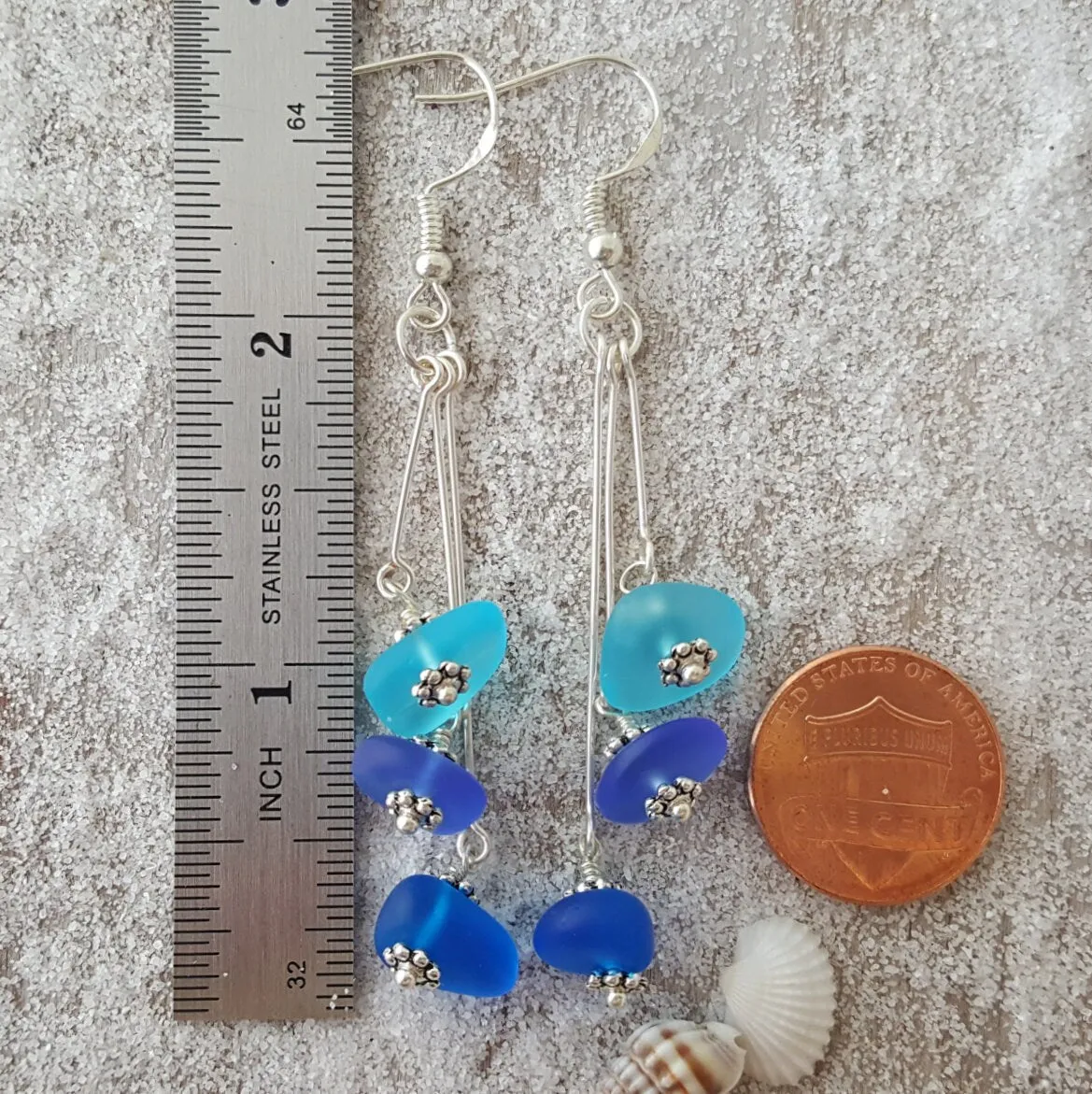 Handmade "Three Colors of the Hawaiian Ocean", sea glass earrings, , Hawaiian Gift, FREE gift wrap
