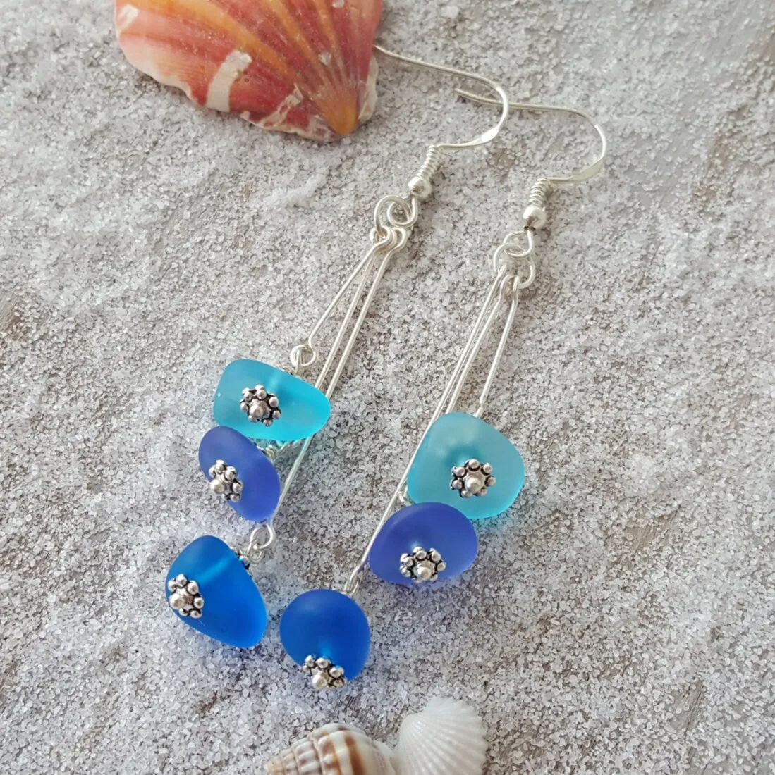 Handmade "Three Colors of the Hawaiian Ocean", sea glass earrings, , Hawaiian Gift, FREE gift wrap
