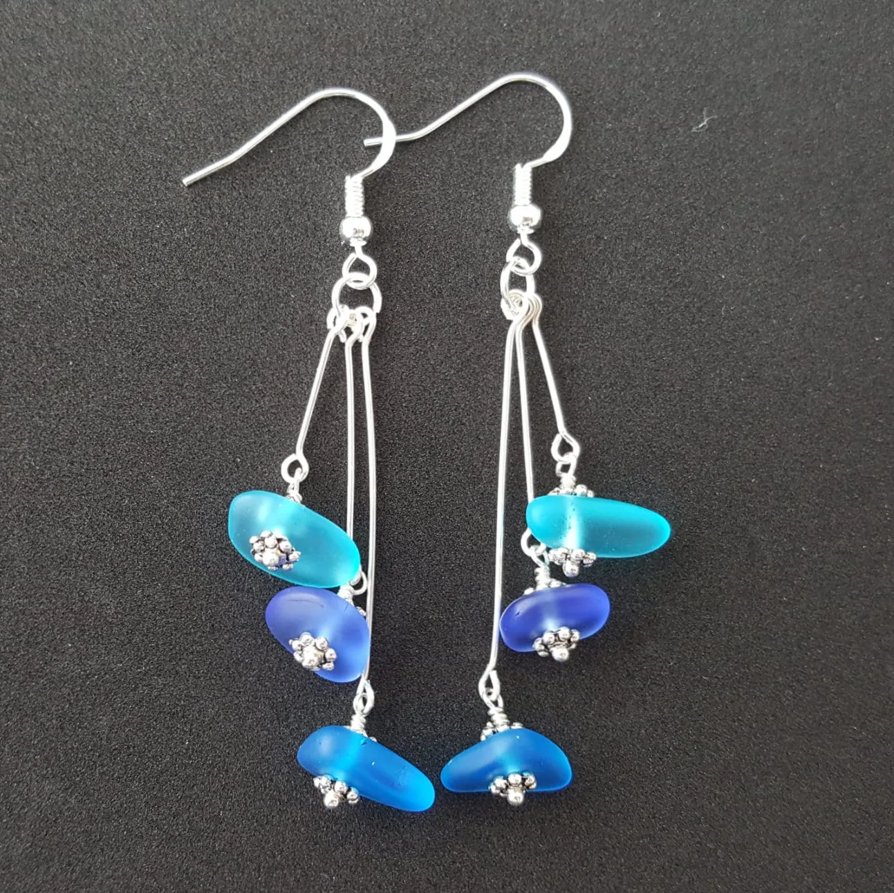 Handmade "Three Colors of the Hawaiian Ocean", sea glass earrings, , Hawaiian Gift, FREE gift wrap