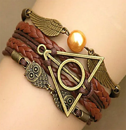 Harry Multilayer Braided Bracelets Vintage Owl Deathly Hallows wings Infinity Bracelet Bangle Gryffindor Slytherin