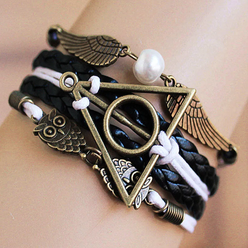 Harry Multilayer Braided Bracelets Vintage Owl Deathly Hallows wings Infinity Bracelet Bangle Gryffindor Slytherin