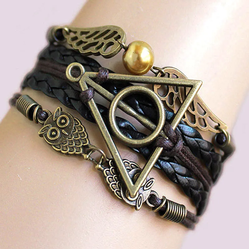 Harry Multilayer Braided Bracelets Vintage Owl Deathly Hallows wings Infinity Bracelet Bangle Gryffindor Slytherin