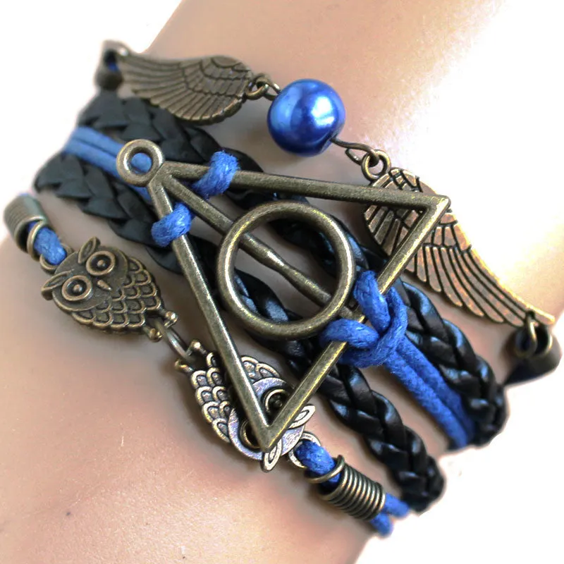Harry Multilayer Braided Bracelets Vintage Owl Deathly Hallows wings Infinity Bracelet Bangle Gryffindor Slytherin