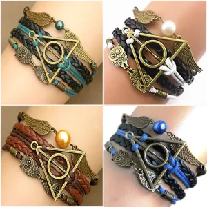 Harry Multilayer Braided Bracelets Vintage Owl Deathly Hallows wings Infinity Bracelet Bangle Gryffindor Slytherin