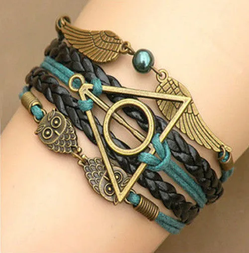 Harry Multilayer Braided Bracelets Vintage Owl Deathly Hallows wings Infinity Bracelet Bangle Gryffindor Slytherin