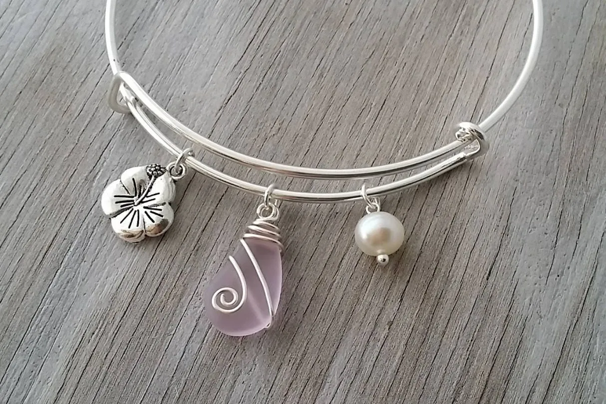 Hawaiian Jewelry Sea Glass Bracelet, Pink Bracelet Hibiscus Pearl Beach Bracelet, Sea Glass Jewelry Birthday Gift (October Birthstone)