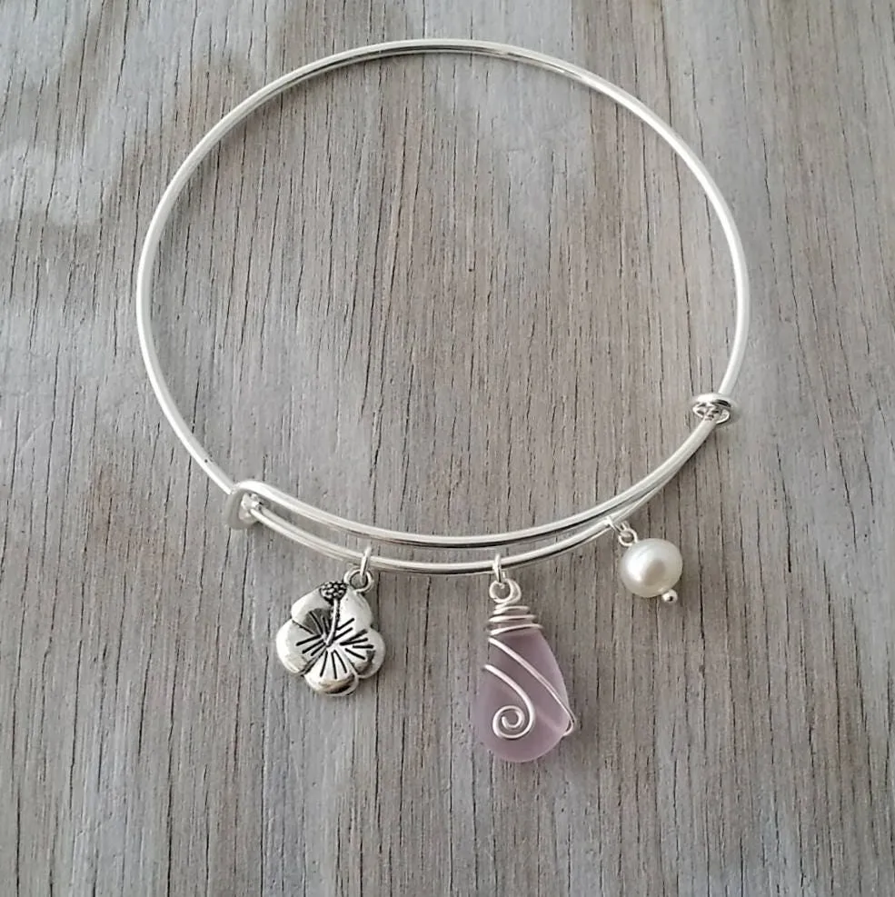 Hawaiian Jewelry Sea Glass Bracelet, Pink Bracelet Hibiscus Pearl Beach Bracelet, Sea Glass Jewelry Birthday Gift (October Birthstone)
