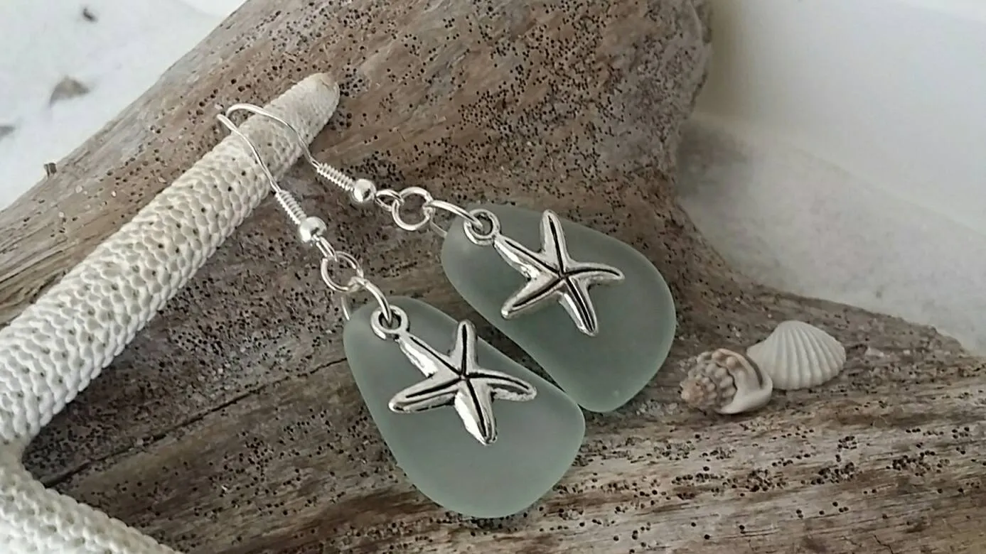 Hawaiian Jewelry Sea Glass Earrings, Twin Starfish Earrings Seafoam Earrings, Beach Jewelry For Women, Unique Earrings Sea Glass Jewelry