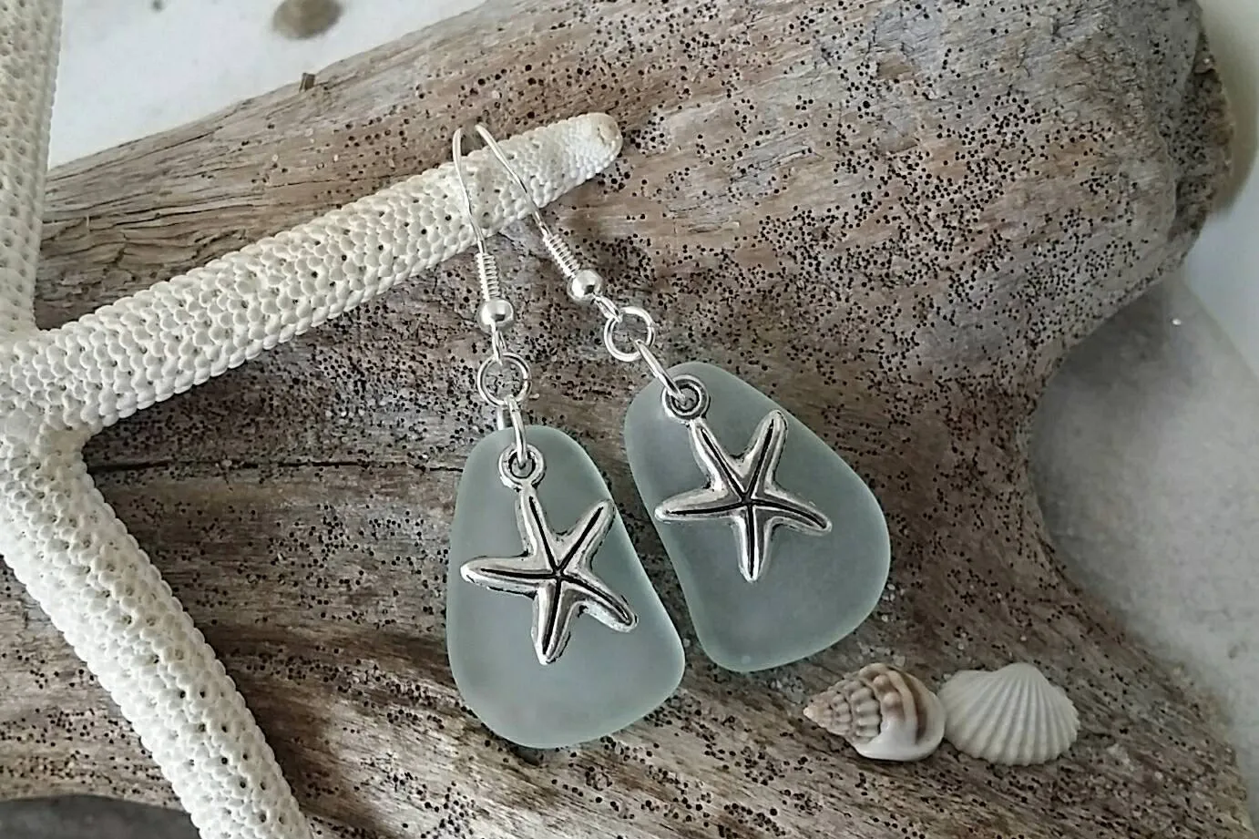 Hawaiian Jewelry Sea Glass Earrings, Twin Starfish Earrings Seafoam Earrings, Beach Jewelry For Women, Unique Earrings Sea Glass Jewelry