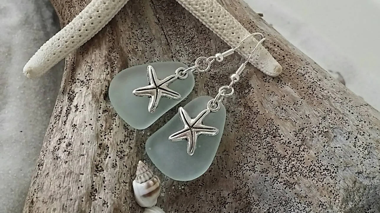 Hawaiian Jewelry Sea Glass Earrings, Twin Starfish Earrings Seafoam Earrings, Beach Jewelry For Women, Unique Earrings Sea Glass Jewelry