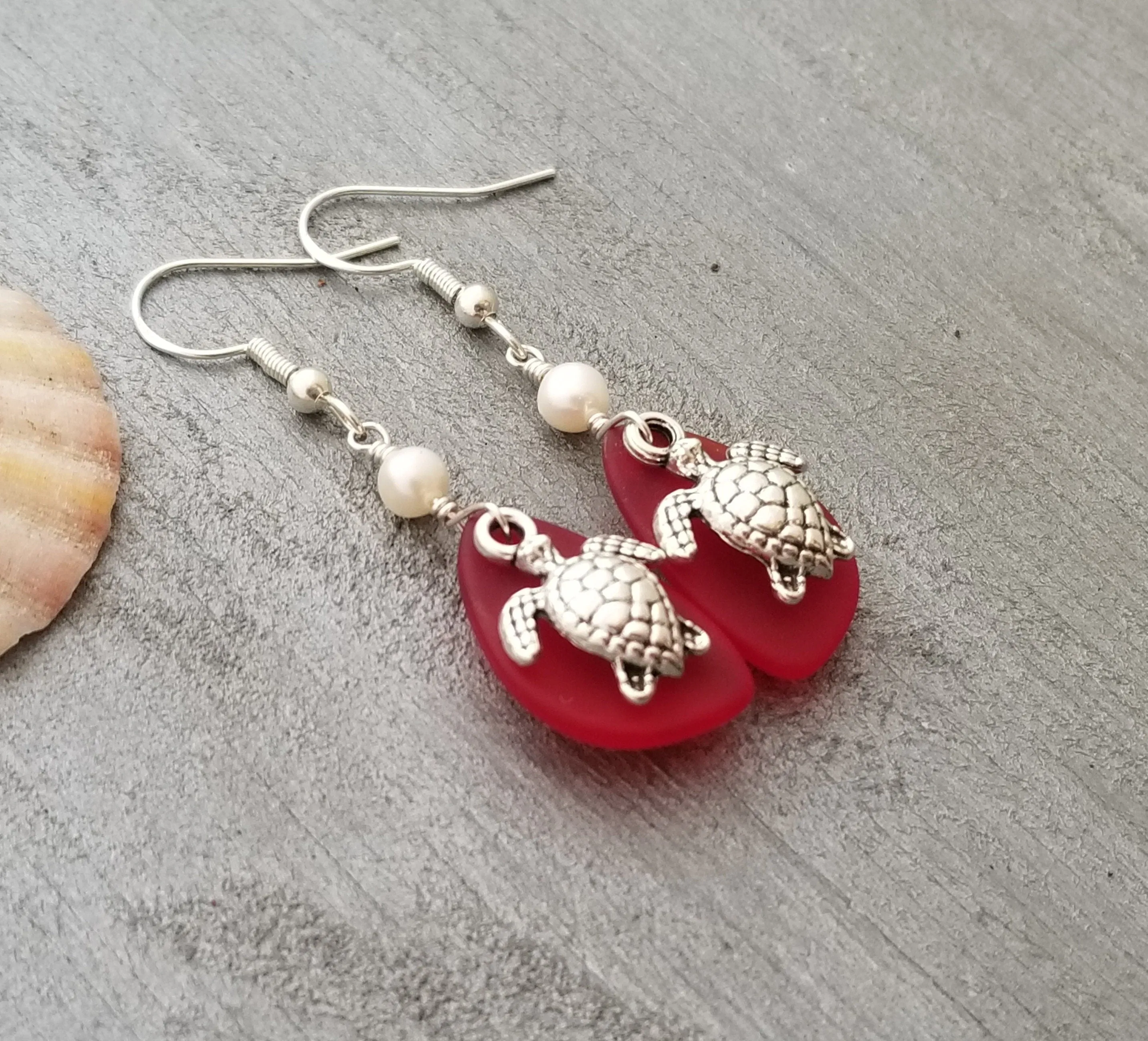 Hawaiian Jewelry Sea Glass Earrings, Twin Turtle Earrings Ruby Red Earrings, Sea Glass Jewelry Pearl Beachy Birthday Gift (July Birthstone)