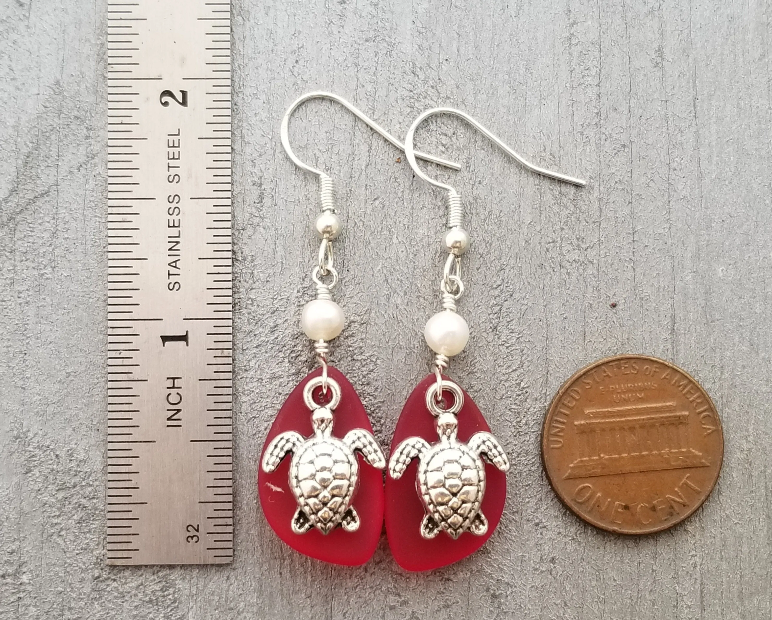 Hawaiian Jewelry Sea Glass Earrings, Twin Turtle Earrings Ruby Red Earrings, Sea Glass Jewelry Pearl Beachy Birthday Gift (July Birthstone)
