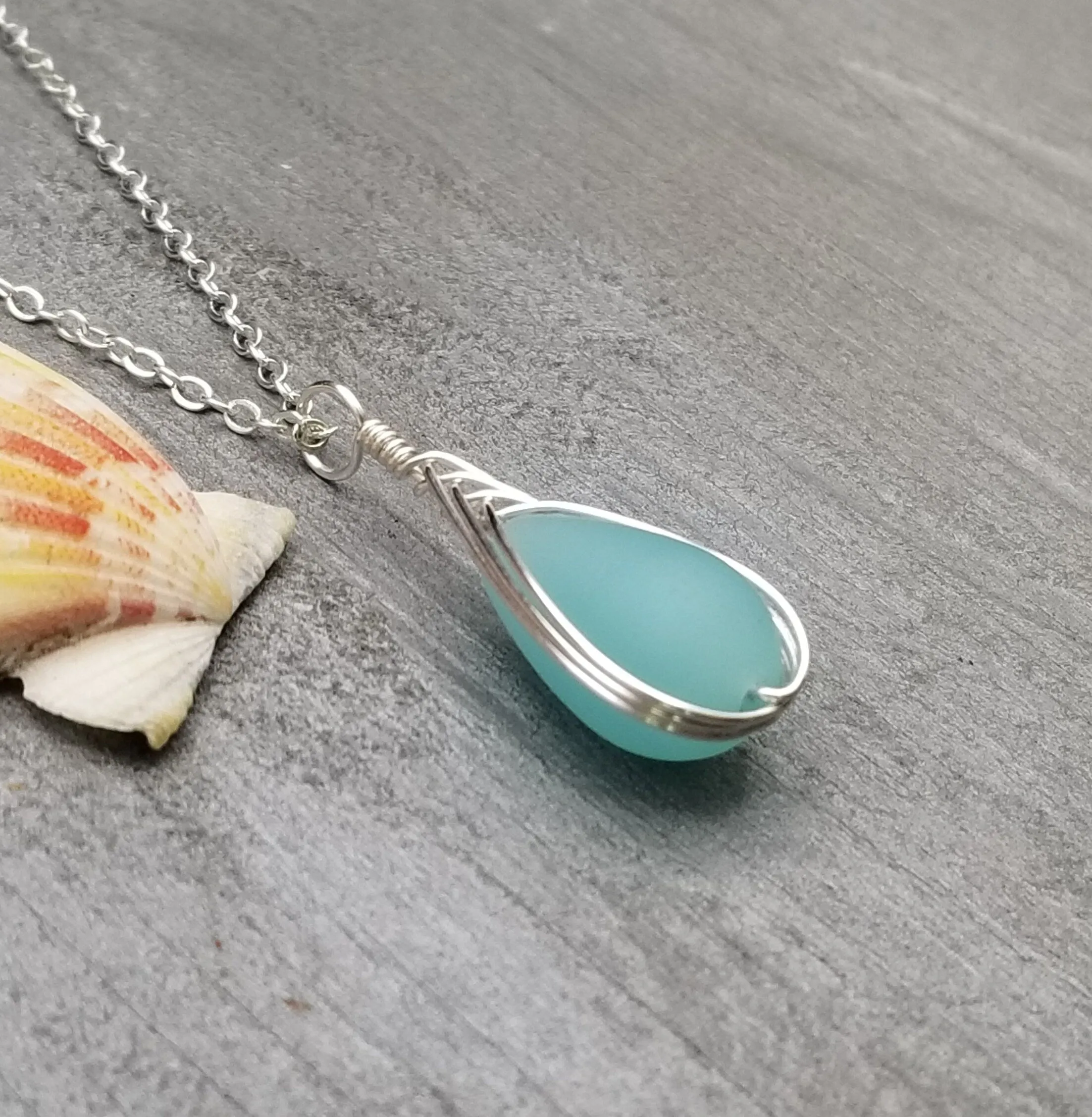 Hawaiian Jewelry Sea Glass Necklace, Braided Haze Aqua Necklace Teardrop Necklace, Sea Glass Jewelry (March Birthstone Gift)