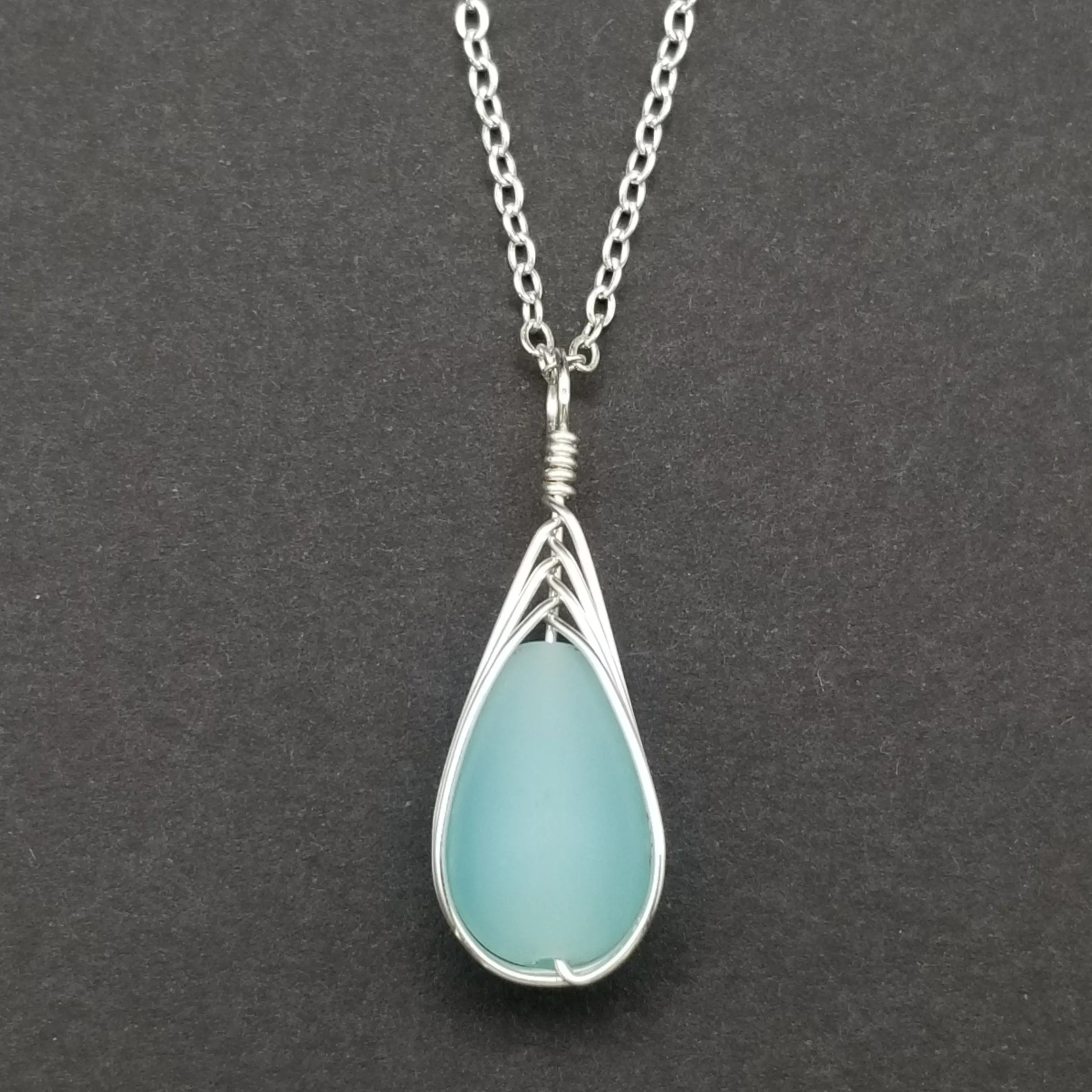 Hawaiian Jewelry Sea Glass Necklace, Braided Haze Aqua Necklace Teardrop Necklace, Sea Glass Jewelry (March Birthstone Gift)