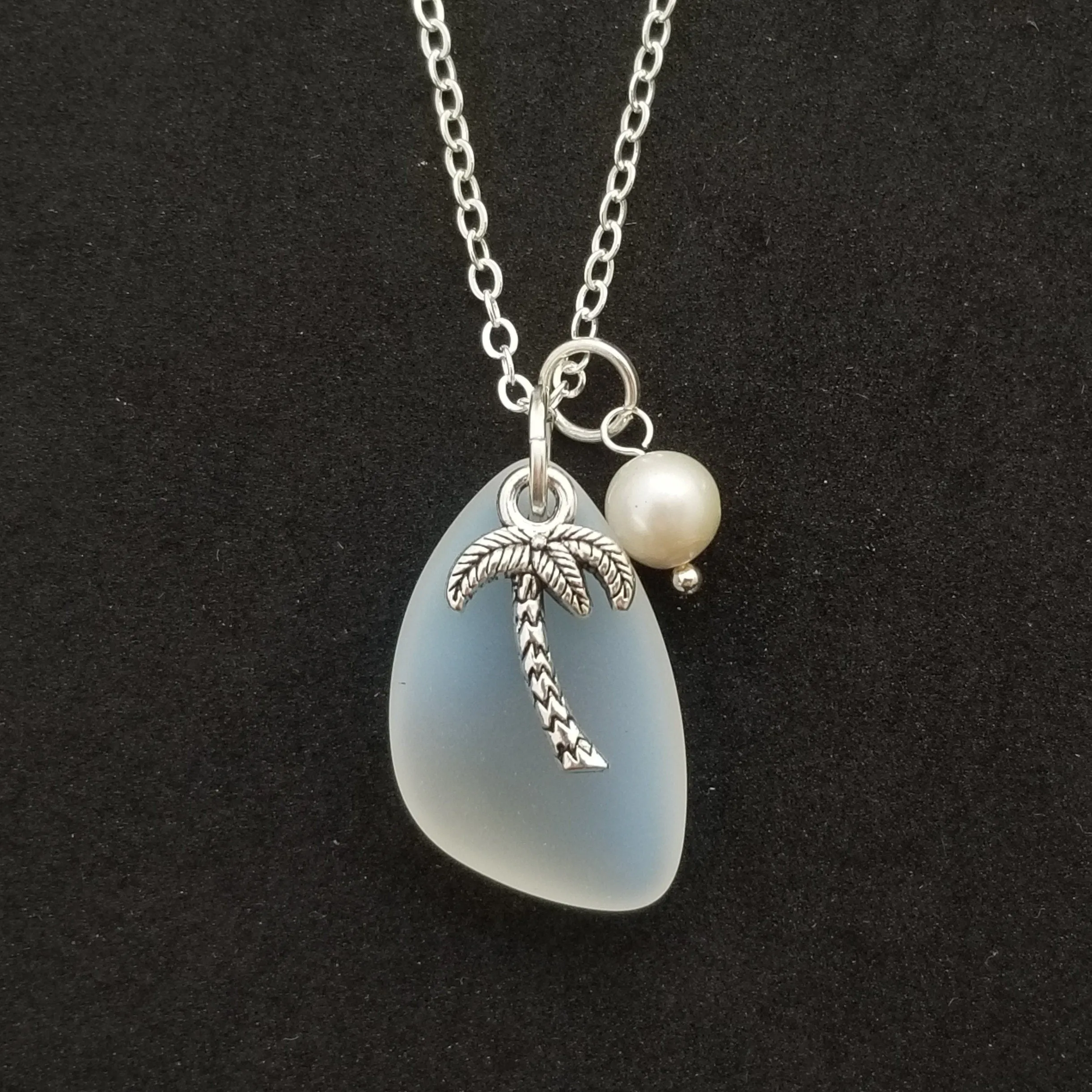 Hawaiian Jewelry Sea Glass Necklace,  Moonstone Necklace Palm Tree Necklace Pearl Necklace, Sea Glass Birthday Gift (June Birthstone)
