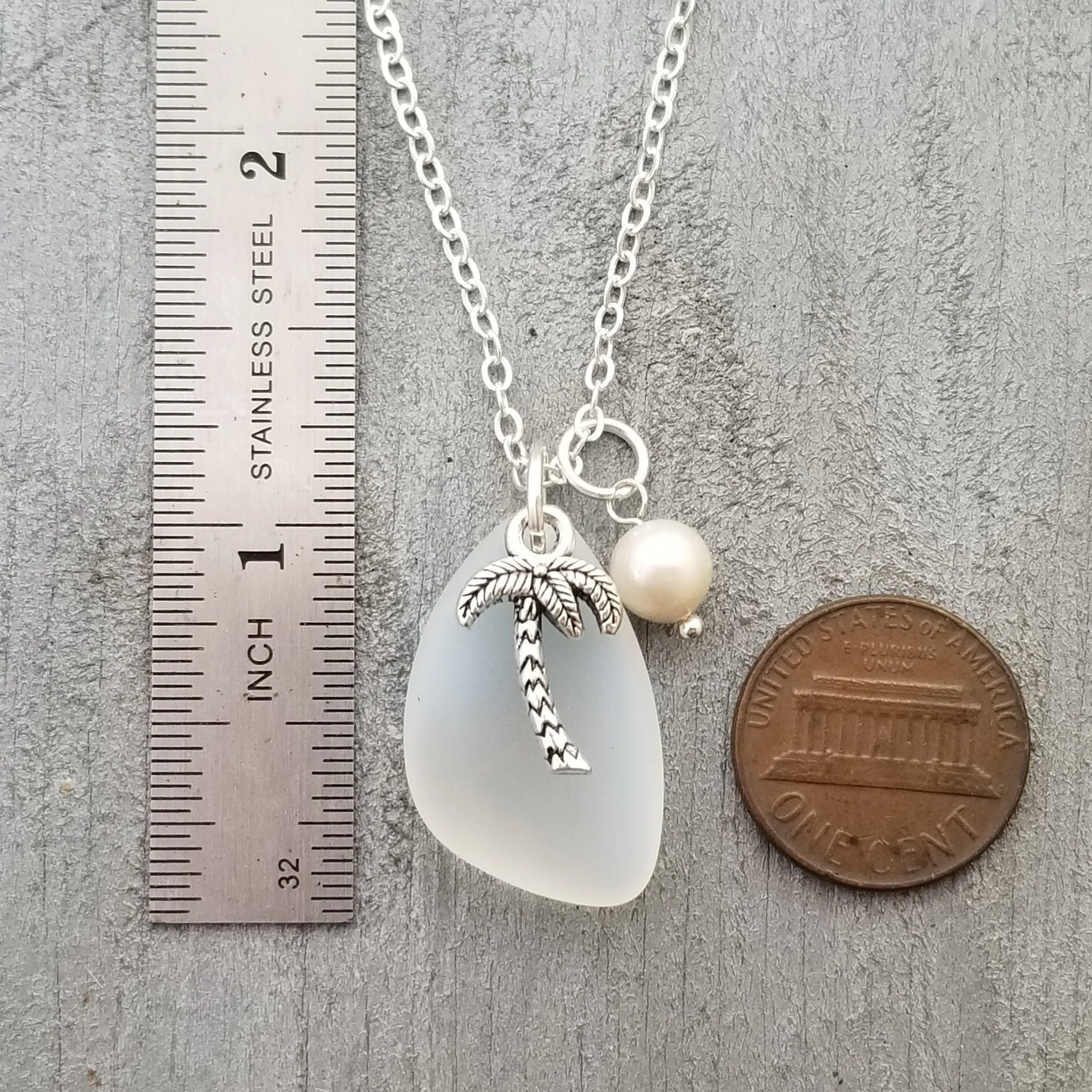 Hawaiian Jewelry Sea Glass Necklace,  Moonstone Necklace Palm Tree Necklace Pearl Necklace, Sea Glass Birthday Gift (June Birthstone)