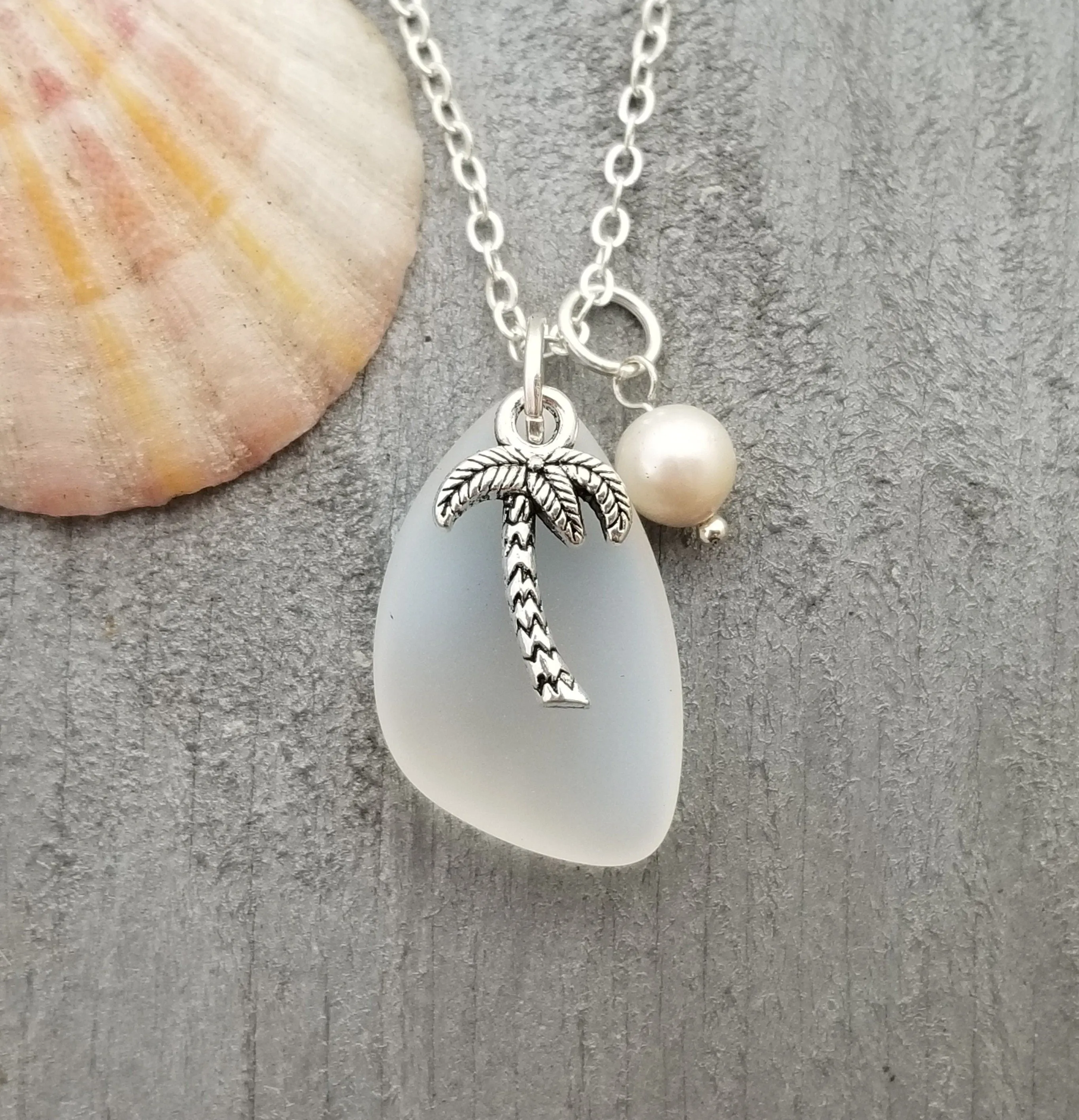 Hawaiian Jewelry Sea Glass Necklace,  Moonstone Necklace Palm Tree Necklace Pearl Necklace, Sea Glass Birthday Gift (June Birthstone)