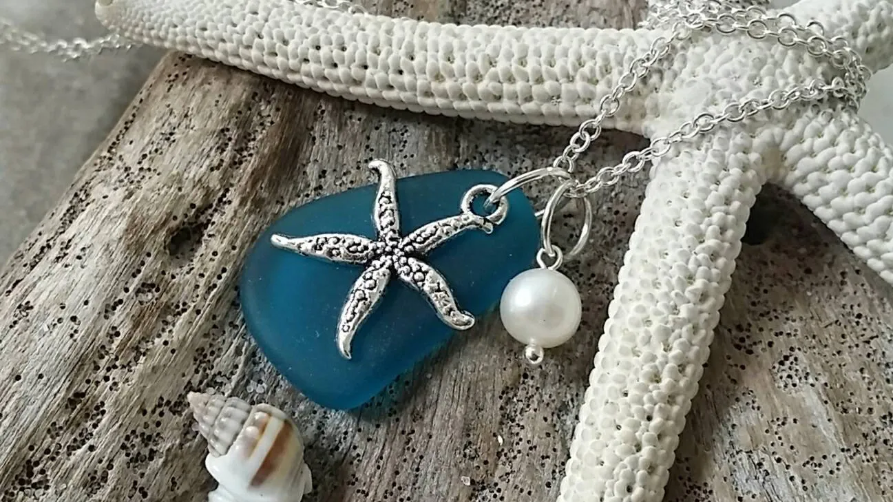 Hawaiian Jewelry Sea Glass Necklace, Teal Handmade Necklace Pearl Starfish Necklace Beach Jewelry For Girls Sea Glass Jewelry For Women