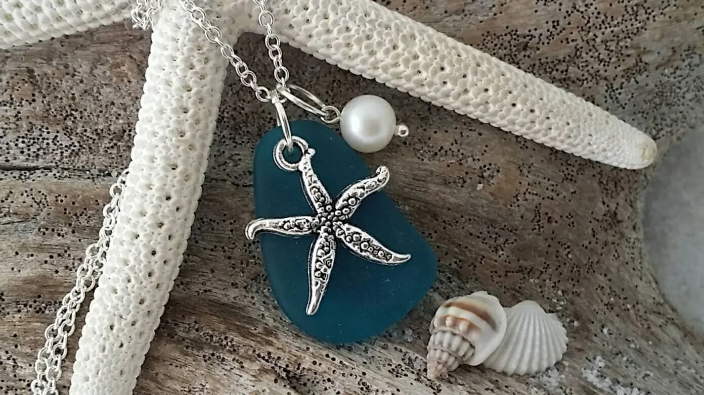 Hawaiian Jewelry Sea Glass Necklace, Teal Handmade Necklace Pearl Starfish Necklace Beach Jewelry For Girls Sea Glass Jewelry For Women