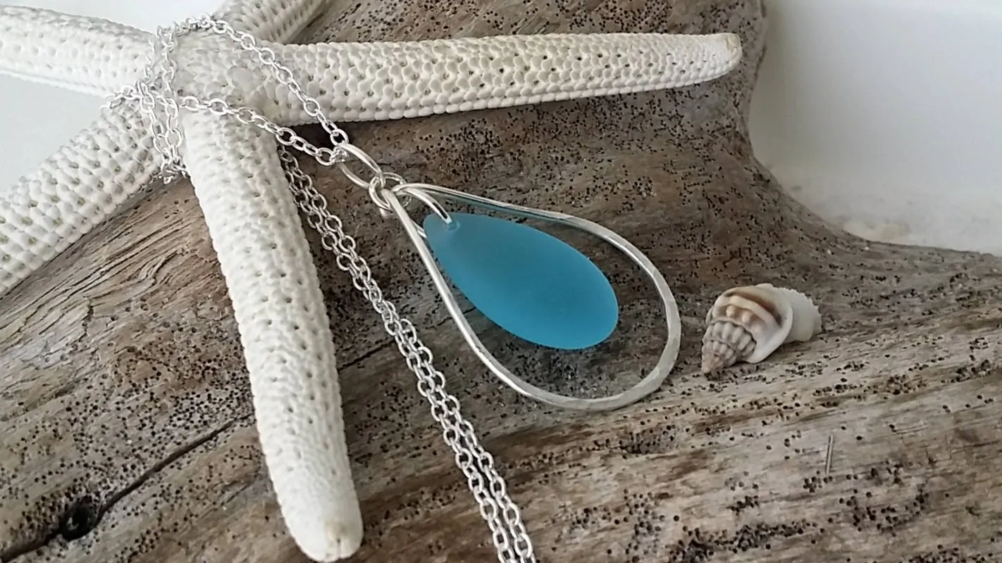 Hawaiian Jewelry Sea Glass Necklace, Wire Loop Turquoise Blue Necklace, Unique Sea Glass Jewelry Birthday Gift (December Birthstone Jewelry)