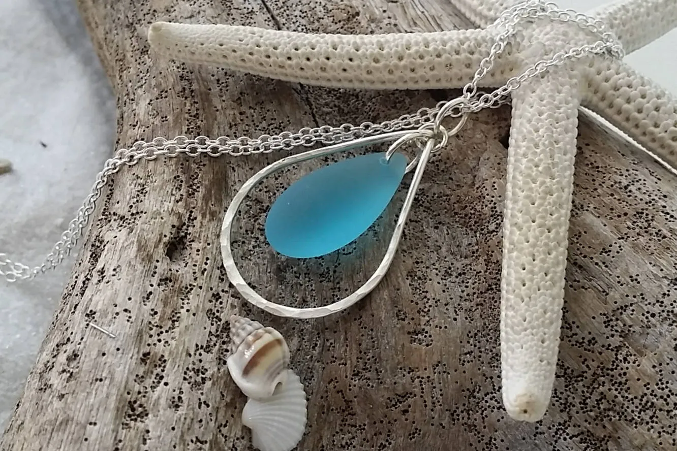 Hawaiian Jewelry Sea Glass Necklace, Wire Loop Turquoise Blue Necklace, Unique Sea Glass Jewelry Birthday Gift (December Birthstone Jewelry)