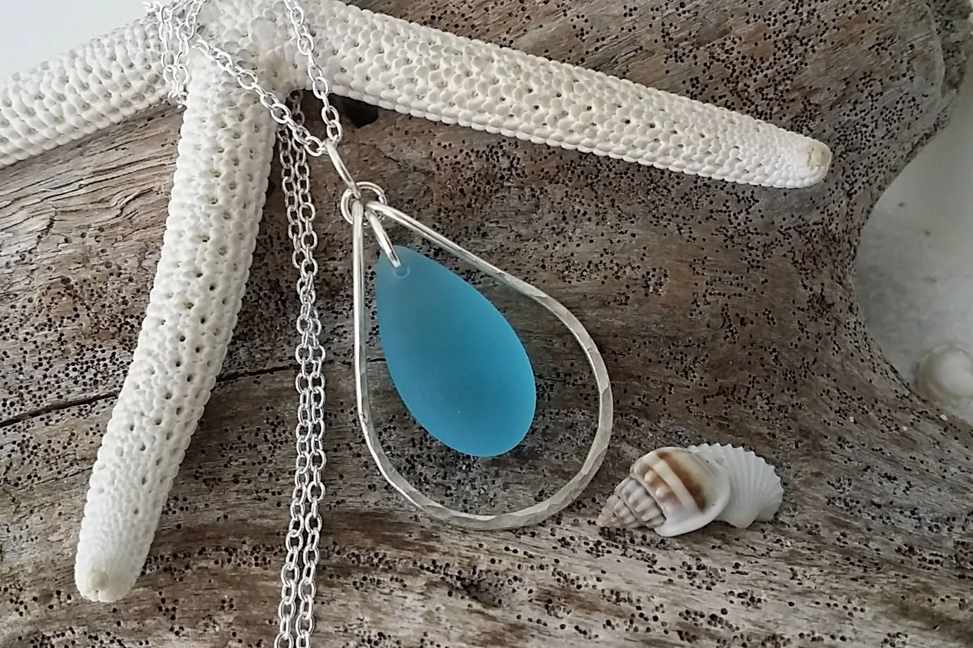 Hawaiian Jewelry Sea Glass Necklace, Wire Loop Turquoise Blue Necklace, Unique Sea Glass Jewelry Birthday Gift (December Birthstone Jewelry)