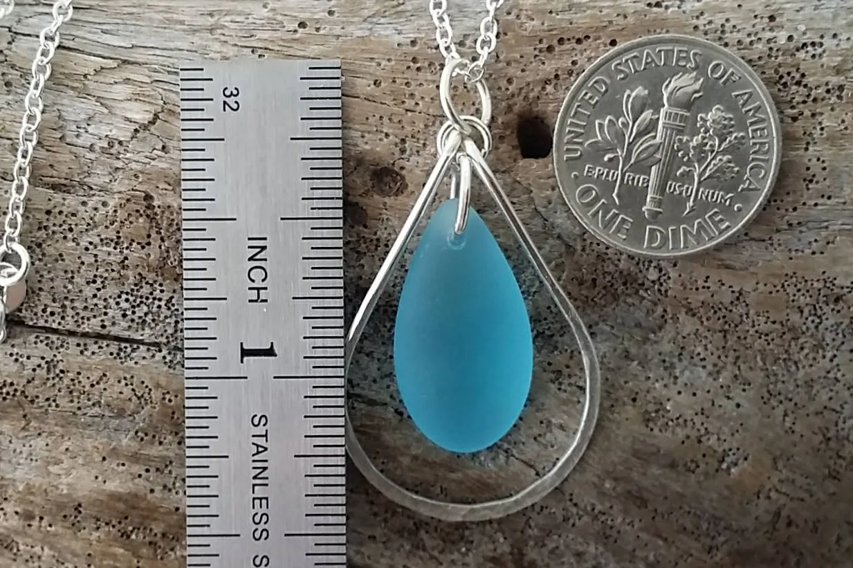 Hawaiian Jewelry Sea Glass Necklace, Wire Loop Turquoise Blue Necklace, Unique Sea Glass Jewelry Birthday Gift (December Birthstone Jewelry)