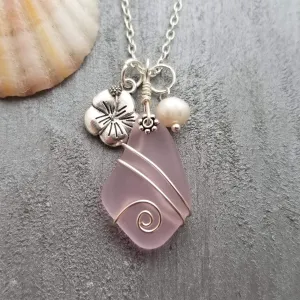 Hawaiian Jewelry Sea Glass Necklace, Wire Pink Necklace Hibiscus Pearl Necklace, Sea Glass Jewelry Birthday Gift(October Birthstone Jewelry)