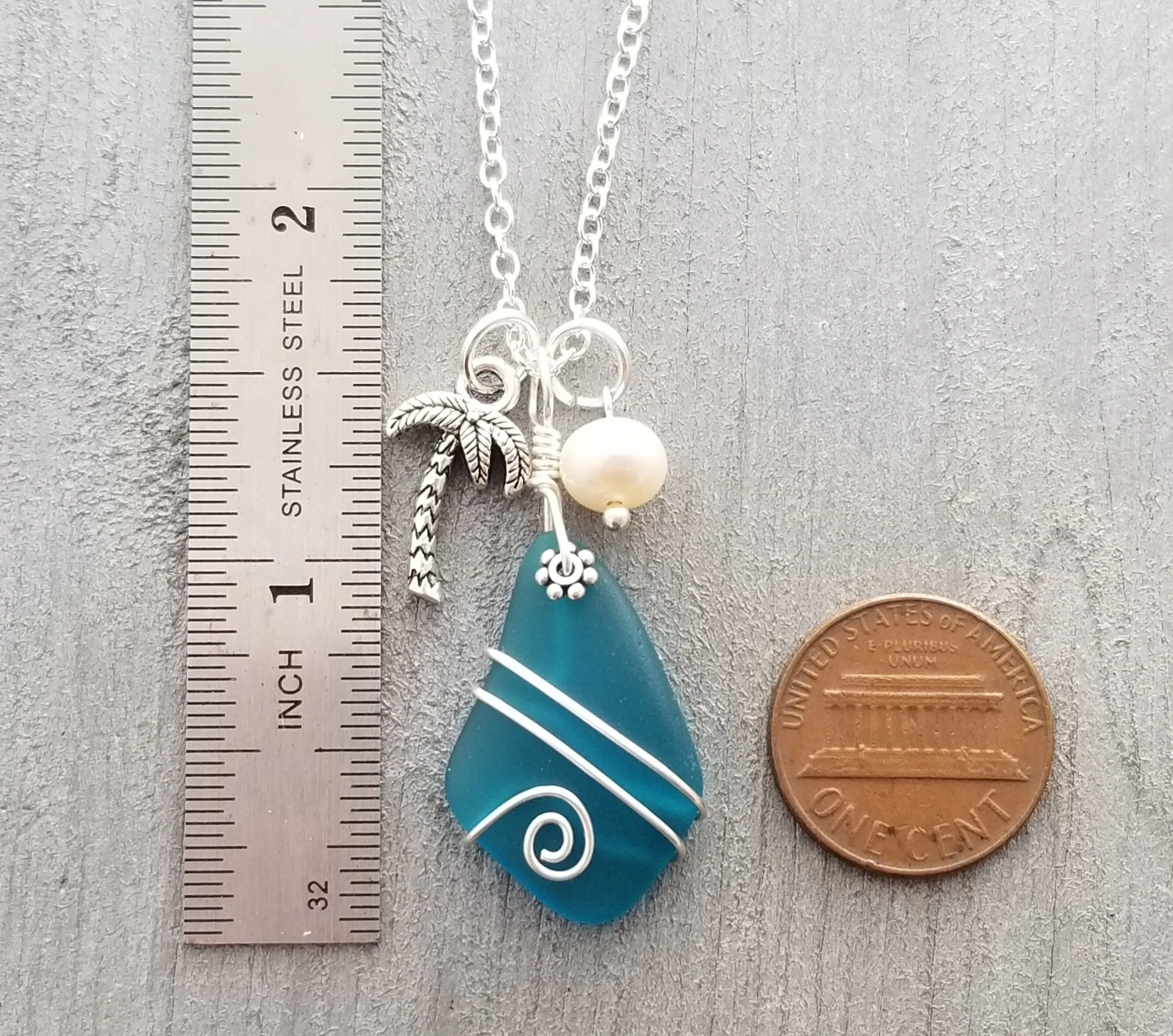 Hawaiian Jewelry Sea Glass Necklace, Wire Wrapped Teal necklace Palm Tree Pearl Necklace, Unique Beach Jewelry Sea Glass Jewelry For Women