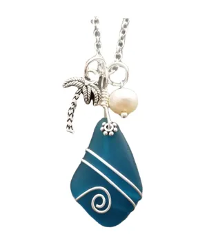 Hawaiian Jewelry Sea Glass Necklace, Wire Wrapped Teal necklace Palm Tree Pearl Necklace, Unique Beach Jewelry Sea Glass Jewelry For Women