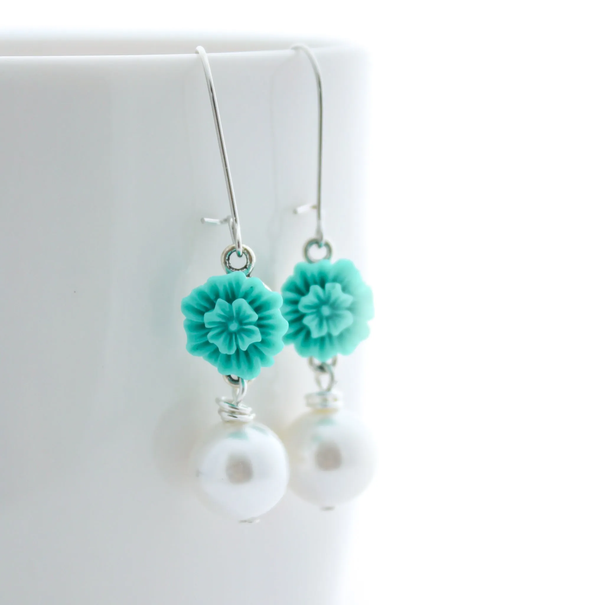 Hibiscus Earrings, Teal Earrings