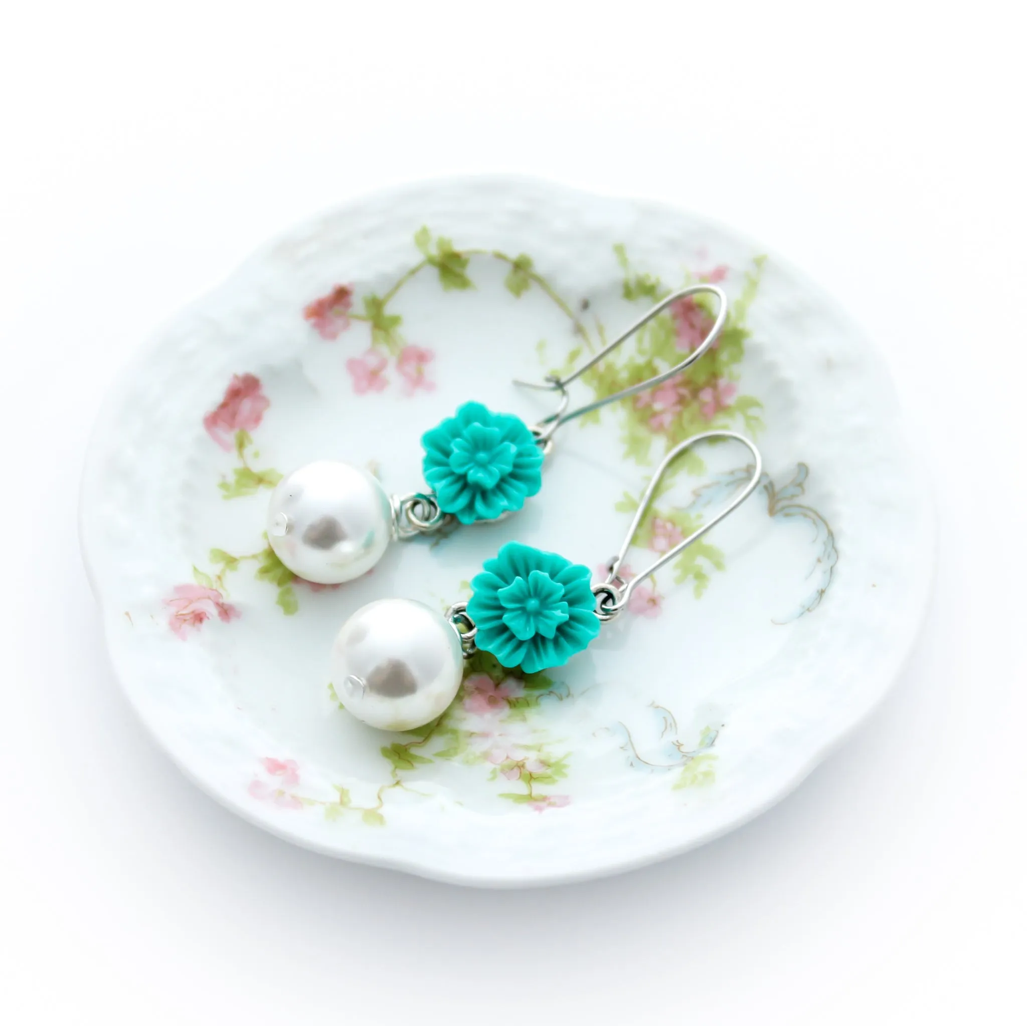 Hibiscus Earrings, Teal Earrings