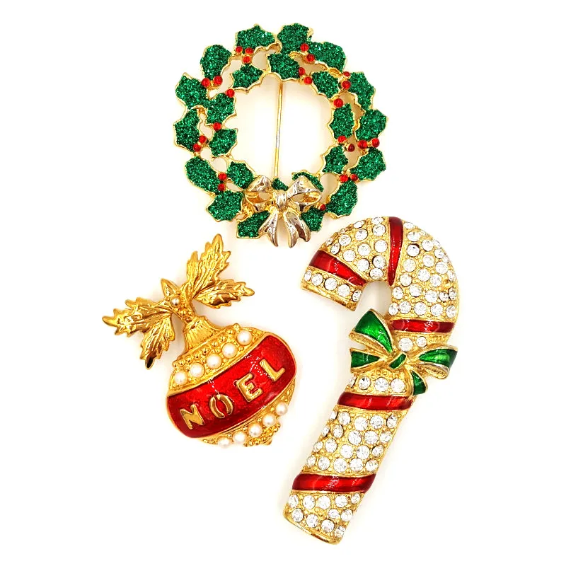 Holiday Jewelry Collection With Avon Noel Pendant, Candy Cane and Wreath Pins