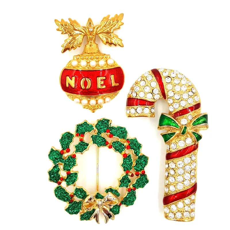 Holiday Jewelry Collection With Avon Noel Pendant, Candy Cane and Wreath Pins