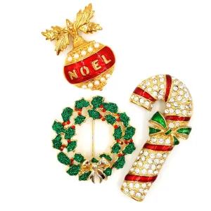 Holiday Jewelry Collection With Avon Noel Pendant, Candy Cane and Wreath Pins