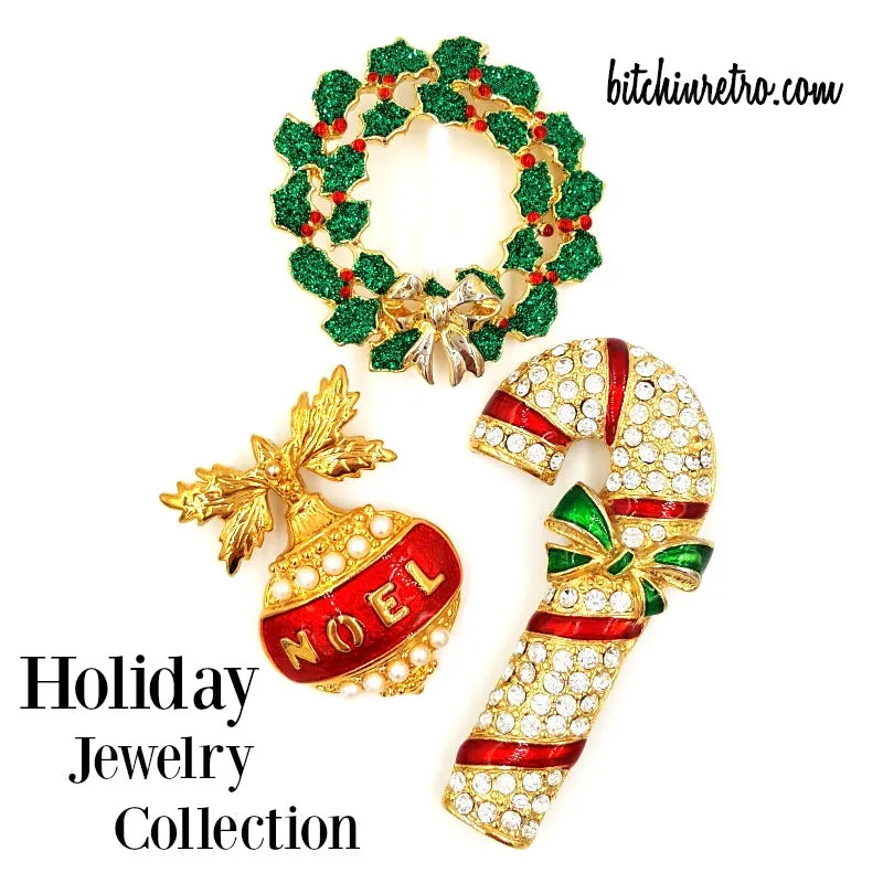 Holiday Jewelry Collection With Avon Noel Pendant, Candy Cane and Wreath Pins