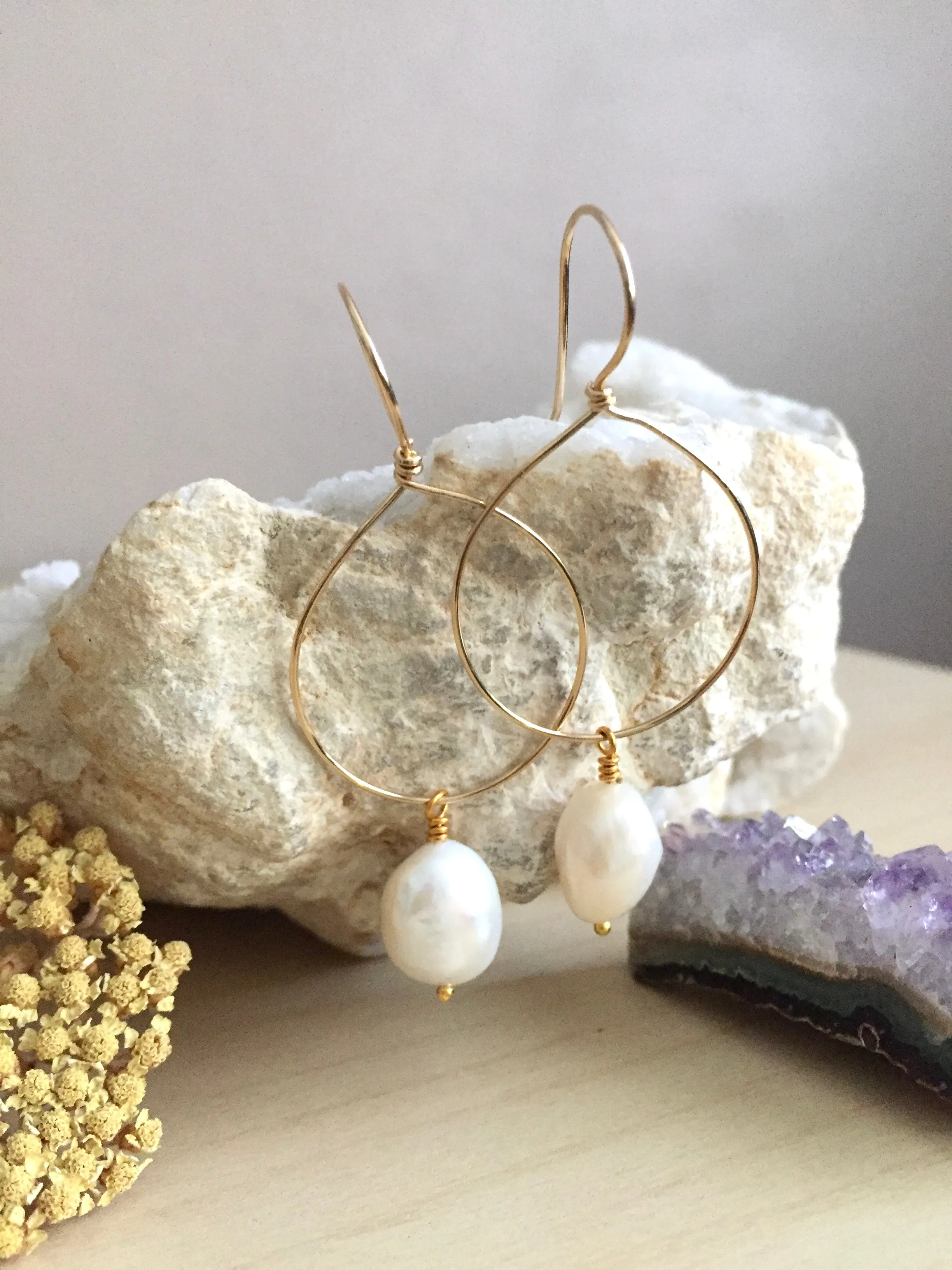 Hoop Earrings with White Freshwater pearl Drop - Gold fill or Sterling Silver