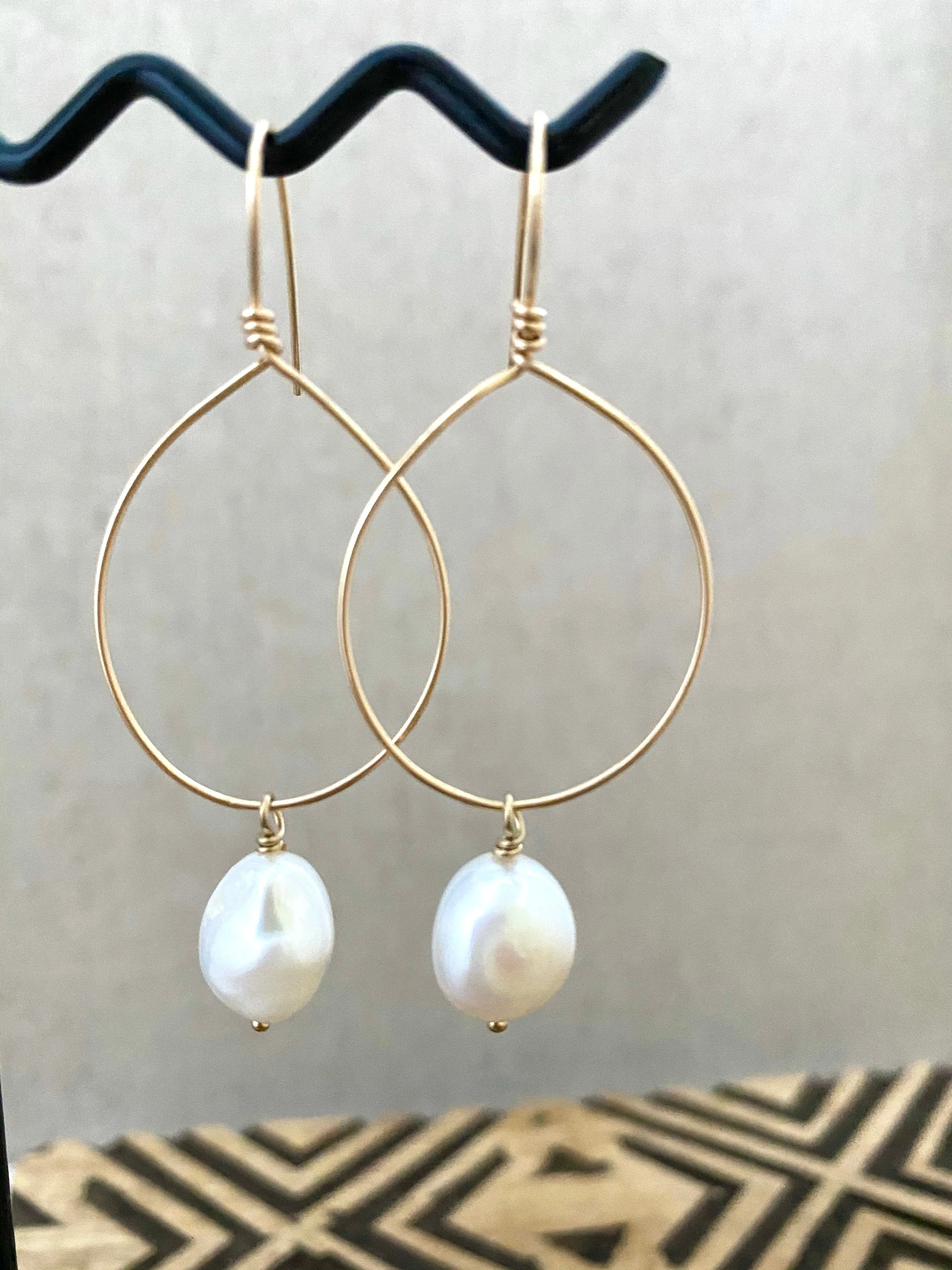 Hoop Earrings with White Freshwater pearl Drop - Gold fill or Sterling Silver