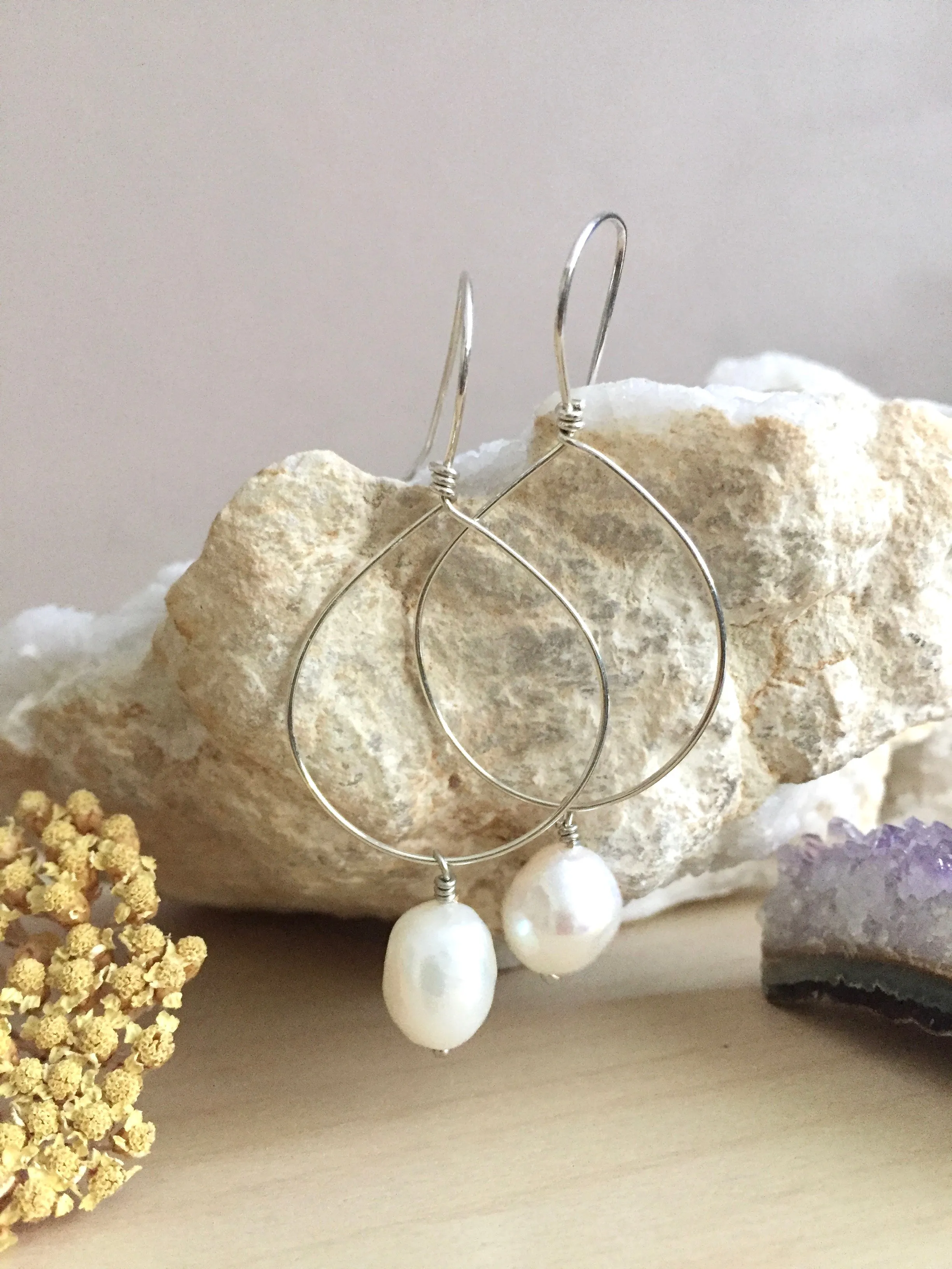 Hoop Earrings with White Freshwater pearl Drop - Gold fill or Sterling Silver