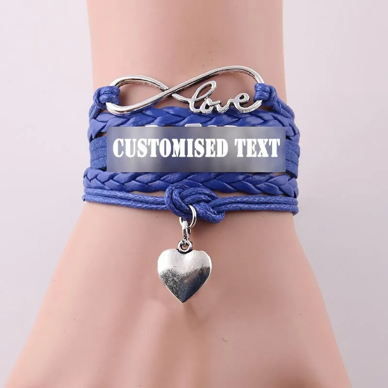 Infinity love heart charm customised text bracelet