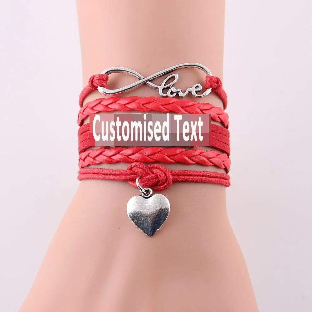 Infinity love heart charm customised text bracelet