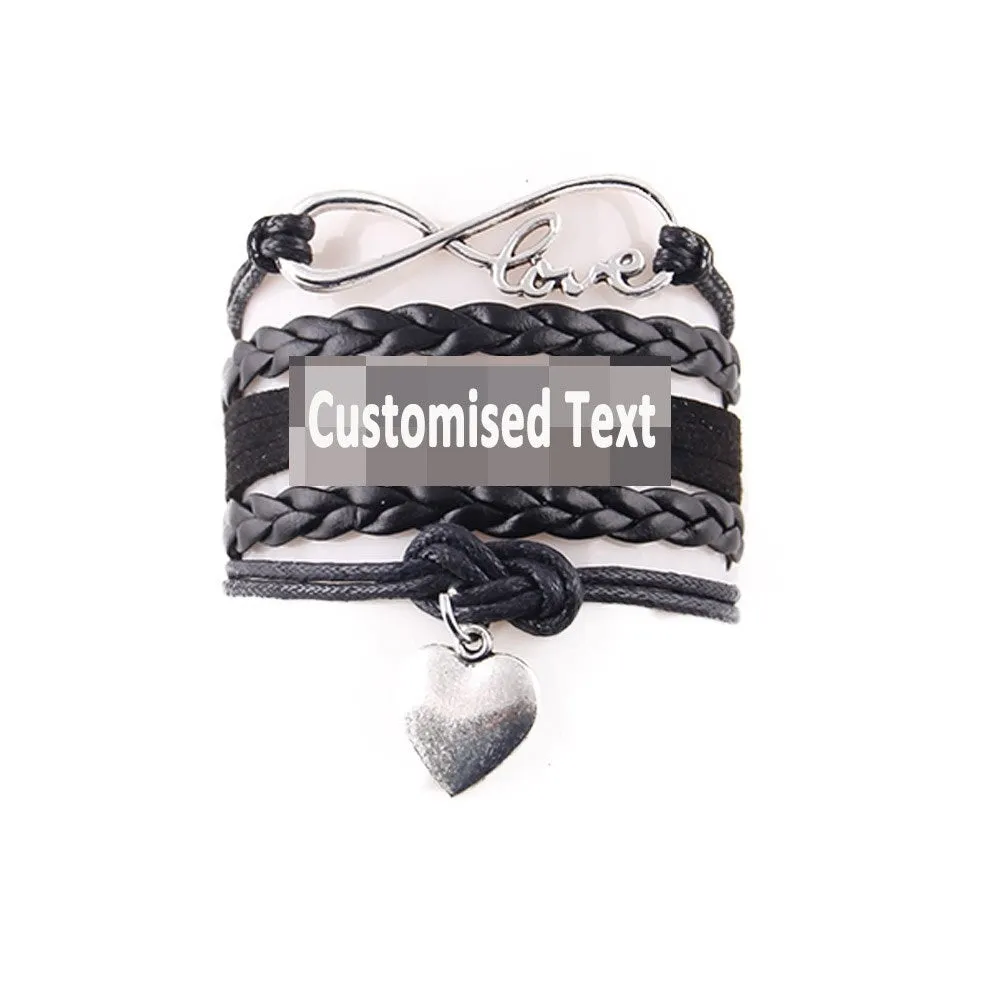 Infinity love heart charm customised text bracelet