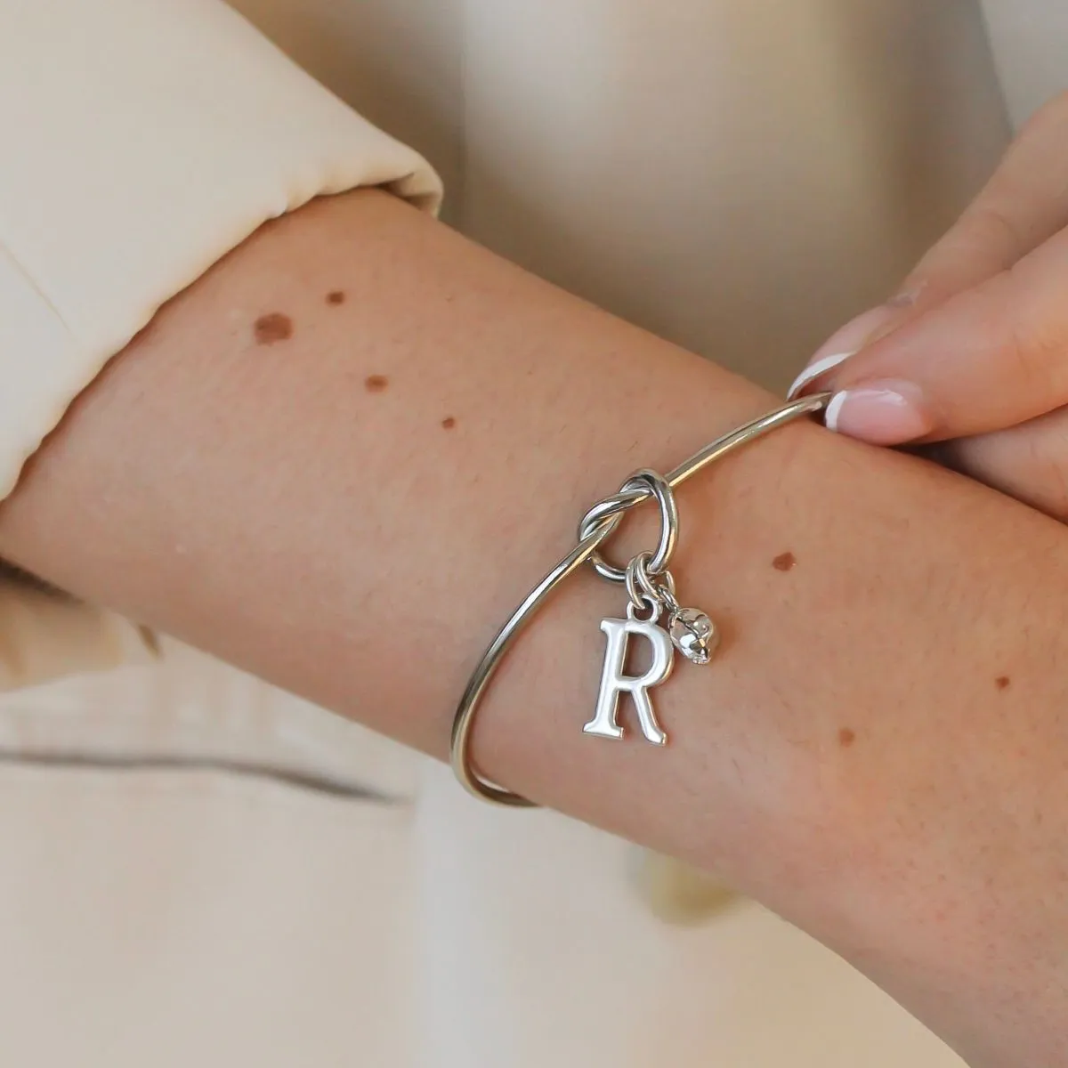 Initial & Birthstone Knotted Bangle, Silver